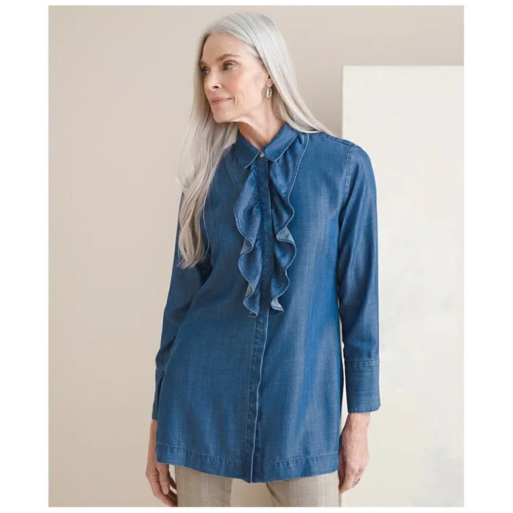 Chico's Ruffle Denim Tunic - Picture 1 of 11